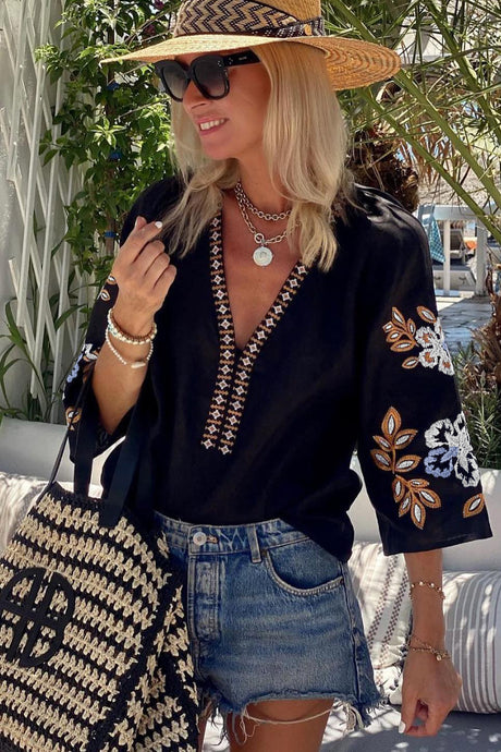 1000% Cotton Black floral embroidered long sleeved loose fitting blouse. Bohemian vibes. Perfect for spring and summer.