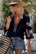 Load image into Gallery viewer, black bohemian style blouse shirt with brown florals.

