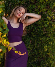 Load image into Gallery viewer, Plum short sleeved crop top made out of bamboo. Shop at Sunlaced Apparel in Fraser Valley, British Columbia.Bamboo crop top Ribbed knit bamboo crop top and pencil skirt set. Bamboo clothing Canada. Bamboo women's clothing in Abbotsford BC. Bamboo clothing near me. In store bamboo clothing shop.