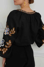 Load image into Gallery viewer, Black Cotton Blouse with Brown Flowers. 
