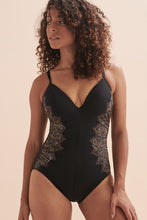 Load image into Gallery viewer, Sale swimwear. Great deals on swimsuits. Black Spaghetti Strap One Piece Swim Suit. Fun Mandala designs on the side. Corset Style Back. Sexy Boho Vibes for this summer or your Next Vacation.