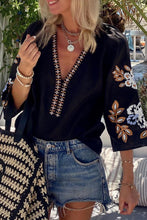 Load image into Gallery viewer, Black Bohemian Cotton Floral Embroidered Blouse.
