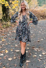 Load image into Gallery viewer, Sustainable bamboo clothing made in Vancouver BC. Eco friendly fabrics. Eco conscious fashion collection made in Vancouver BC. Most popular for fit and quality bamboo clothing made locally in Vancouver BC Paisley print 70's style dress with bell sleeves.Canadian clothing store near me
Canadian made women's clothing. Omens clothing in Abbotsford. Canadian owned businesses near me.
 Canadian retailers.
Made in Canada women's clothing.
Made in Canada near me.