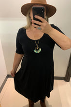 Load image into Gallery viewer, Curve fashion BC
Plus sizes Vancouver 
Plus size women's clothing BC
Plus size women's clothing Fraser Valley.Black swing dress with 3/4 sleeve in Bamboo fabric. Plus size bamboo swing dress.
Bohemian clothing store with plus sizes in Abbotsford BC
Plus size women's clothing Fraser Valley