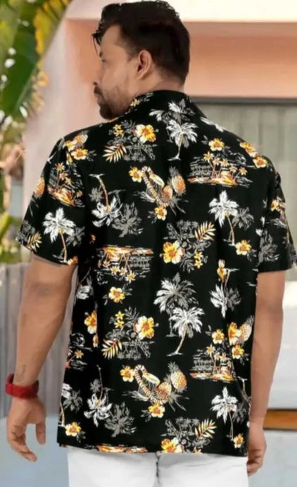 Black Hawaiian button up shirt with Orange and white palm tree and floral designs. Find at sunlaced Apparel in Abbotsford, British Columbia.