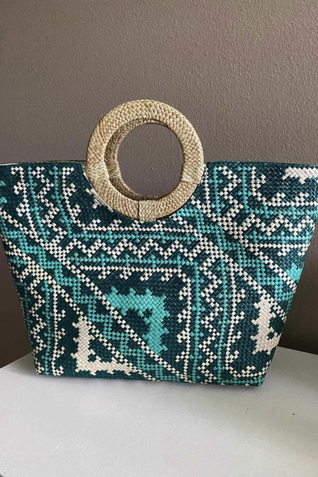 Teal/White/Turquoise Reed Handbag. Made out of Grass Reads