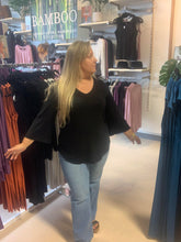Load image into Gallery viewer, bamboo clothing canada
Black Bamboo Blouse With Long Wide Sleeves. This 'Talia' Style Blouse is a Versatile Garment. Made Locally in Vancouver With Sustainable Bamboo Fabric.
