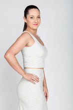 Load image into Gallery viewer, Short Sleeved Light Grey Crop Top made with Bamboo. Designed in Vancouver
Bamboo crop top Ribbed knit bamboo crop top and pencil skirt set. Bamboo clothing Canada. Bamboo women's clothing in Abbotsford BC. Bamboo clothing near me. In store bamboo clothing shop.