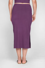 Load image into Gallery viewer, Flattering high waisted penil skirt in bamboo ribbed knit fabric. Made locally in BC. Available only in store at Sunlaced Apparel Abbotsford BC. Natural fabrics clothing line in Abbotsford BC. Purple pencil skirt and blouse in Bamboo fabric.