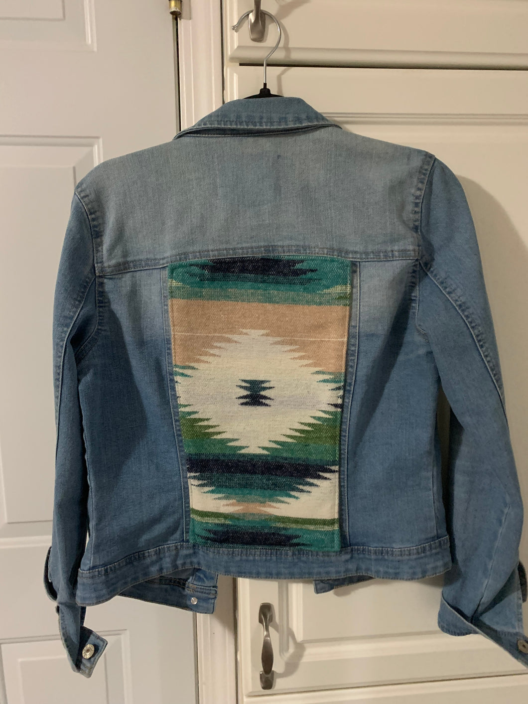 Blue Upcycled Denim Jacket With Aztec Wool Insert. Made by a Local Canadian Artist.