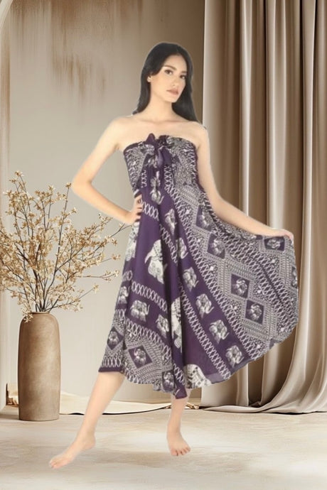 Purple elephant print convertible dress. Wear as a dress or skirt in this beautiful bohemian style dress. Different styles in one garment.
