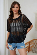 Load image into Gallery viewer, Black fishnet short sleeve sweater in Fraser Valley, British Columbia. Sheer beach cover up. Support your local businesses. 
