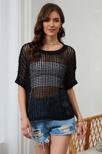 Load image into Gallery viewer, Black crochet lace short sleeve sweater from small Canadian Business. Beach and summer vibes from fraser valley, British columbia. Bohemian look. Sheer knit sweater from Abbotsford B.C
