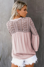 Load image into Gallery viewer, Pink Du Jour Blouse With Ladder Lace and Bell Sleeves. Find at Sunlaced Apparel in Abbotsford, Canada.
