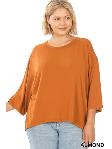 Canadian Plus size retailer Sunlaced Apparel has fun and affordable fashion like this Almond colour PLUS SIZE BOXY DROP SHOULDER HI-LOW TOP