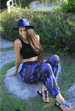 Load image into Gallery viewer, Blue/Brown print harem pants with pocket. High waisted Boho vibes pants. Good for lounge, festival, or beach wear
