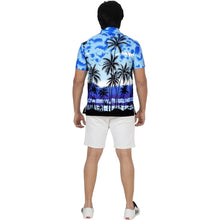 Load image into Gallery viewer, Button Up Hawaiian Shirt in Blue Palm Sunset Design. Perfect or Your Next Vacation or Summer Party.
