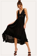 Load image into Gallery viewer, Black crochet Lace Long Dress With Adjustable Straps and Deep Neckline. Perfect for Date Nights and the Heat.
