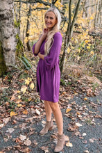 Load image into Gallery viewer, purple dress with 3/4 bell sleeves.Sustainable bamboo clothing made in Vancouver BC. Eco friendly fabrics. Eco conscious fashion collection made in Vancouver BC. Most popular for fit and quality bamboo clothing made locally in Vancouver BC 
