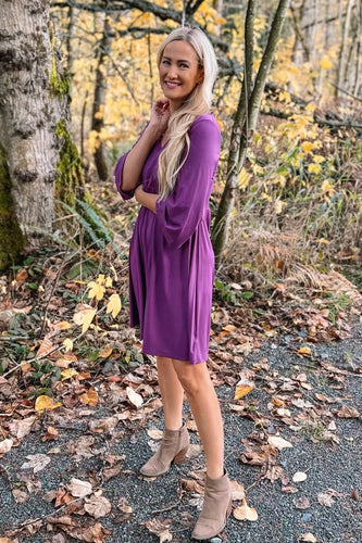 purple dress with 3/4 bell sleeves.Sustainable bamboo clothing made in Vancouver BC. Eco friendly fabrics. Eco conscious fashion collection made in Vancouver BC. Most popular for fit and quality bamboo clothing made locally in Vancouver BC 