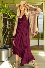 Load image into Gallery viewer, Burgundy Crochet Lace Long Flowing Dress. Find at Sunlaced Apparel, a Small Business in Abbotsford, B.C. 
