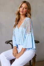 Load image into Gallery viewer, Light Blue Ladder Lace Button Up Blouse With Bell Sleeves. Supporting Businesses in British Columbia, Canada.
