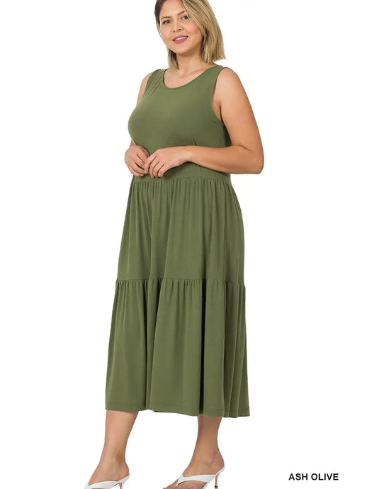 Flattering PLUS SIZE SLEEVELESS TIERED MIDI DRESS. Plus size fashion in Canada. Best Canadian Plus size brand Sunlaced Apparel in Abbotsford BC