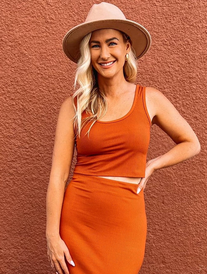 Bamboo crop top in rust coordinated with pencil skirt. Number one retailer in BC for bamboo collections and local handmade goods that are eco friendly.