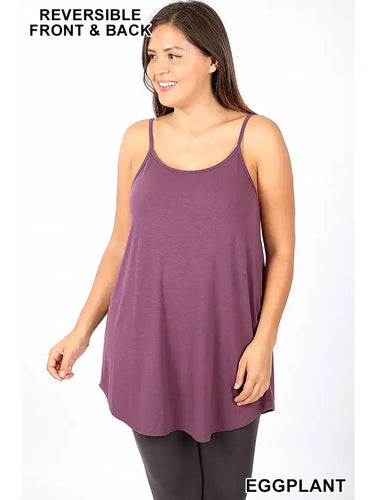 PLUS SIZE REVERSIBLE SPAGHETTI CAMI Slip on this solid-hued camisole under a cardigan or wear it on its own for a versatile way to kick up your casual wardrobe. Its smooth and stretchy feel ensures layering comfort throughout the day