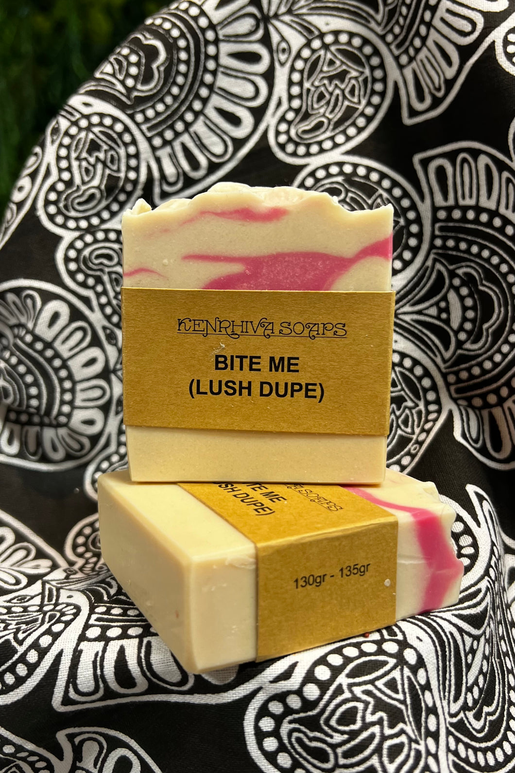 Sweet Smelling Locally Made Bar Soap in the Scent 'Bite Me'. Made with Castor oil, coconut oil, and essentials oils. Vegan and Cruelty Free