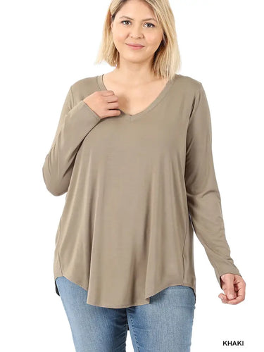 PLUS SIZE LUXE RAYON LONG SLEEVE V-NECK HI-LOW HEM TOP Made with a stretch blend to keep you comfortable, this V-neck tee is a classic addition to your wardrobe. Size 1X: 30'' long from high point of shoulder to 