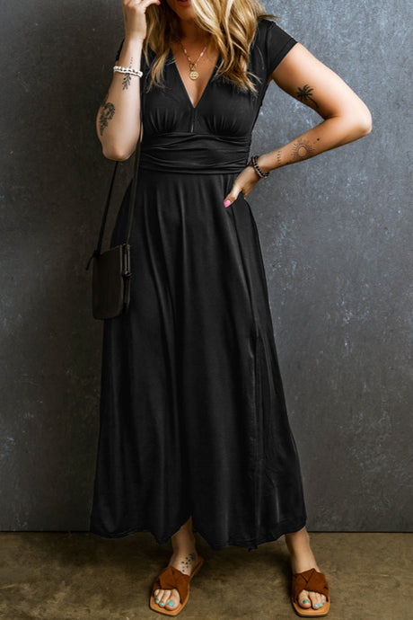 Onyx Black maxi dress with short sleeves and V-neck for social events or beach wear