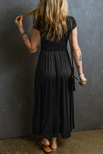 Load image into Gallery viewer, Black shirred back dress with short sleeves
