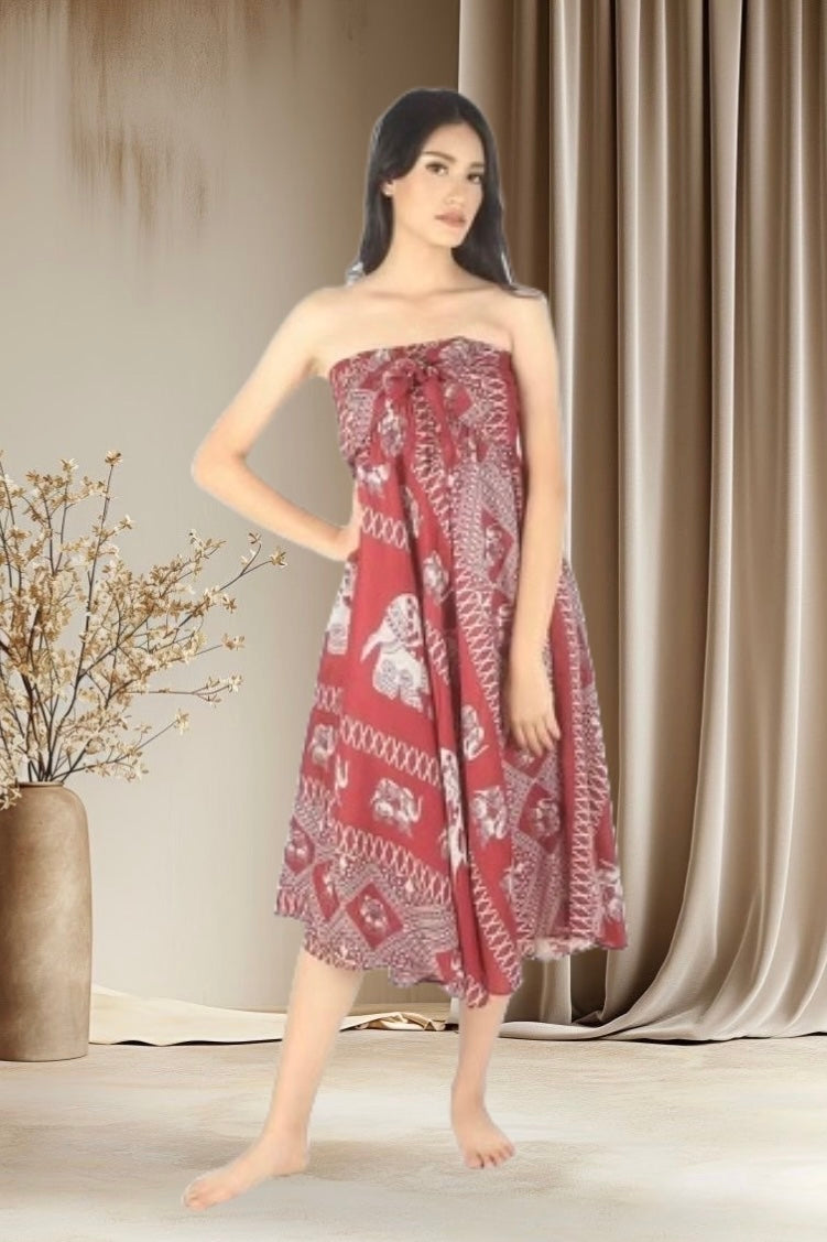 Red Elephant design Convertible dress. Convertible skirt dress from Thailand. Can be worn for different ways. 100% rayon dresses near me. Breathable fashion loose fit for summer. Natural fabrics dresses and vacation cluing in Abbotsford BC. Bohemian style women’s clothing in Abbotsford Setlist apparels most famous convertible dress can be worn for different ways. Magic dress converts from a maxi skirt to a strapless or halter or crisscross style dress. Perfect for every occasion this summer and for vacation