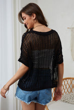 Load image into Gallery viewer, Black crochet lace short sleeve sweater in Abbotsford B.c . Beach cover up or lounge wear. Support Canadian businesses
