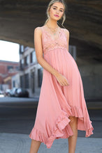 Load image into Gallery viewer, Pink Crochet Lace Long Dress With Adjustable Straps and Plunging Neckline. Find at Sunlaced Apparel in the Fraser Valley, British Columbia, Canada.
Prom dresses in Abbotsford. Wedding gest dresses. Best bridesmaid dresses at affordable prices in Abbotsford. Lower mainland prom dresses.
