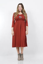 Load image into Gallery viewer, Dark Red Shirred Dress With 3/4 Sleeve Length. Support Your Local Canadian Businesses. Best fitting Plus size women&#39;s clothing in Fraser Valley BC. Woman&#39;s plus size clothing in Abbotsford BC
