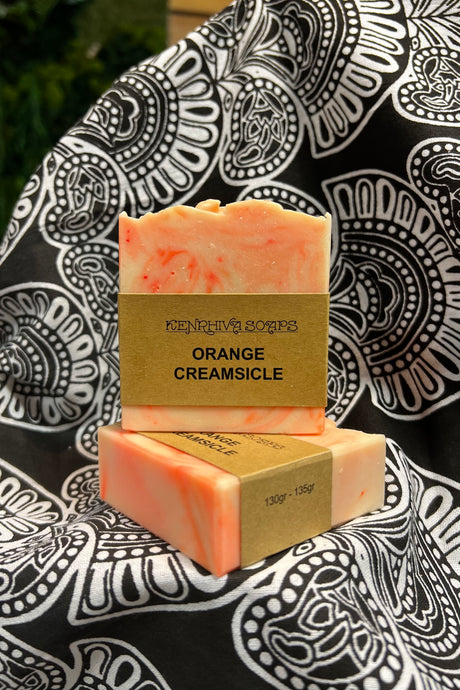 Orange creamsicle Soap. Locally Canadian made with sweet almond, caster oil, coconut, essential oils. Made by Kenrihiva Soaps, each sweet smelly soap bar is 135 grams