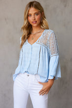 Load image into Gallery viewer, Ladder Lace Button Up Blouse In Light Blue. Find at Sunlaced Apparel
