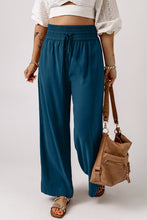 Load image into Gallery viewer, Turquoise vacation wear wide Leg pants. Blue Lounge wear pants from Fraser Valley B.C. High waisted draw string bohemian vibe pants from small Canadian business. Cobalt blue beach wear from Abbotsford

