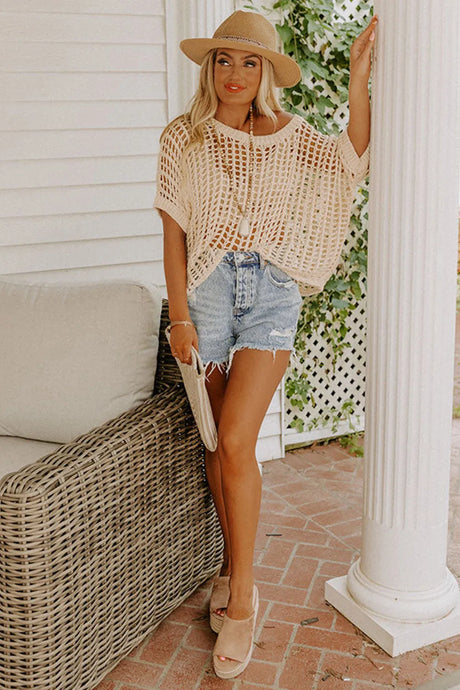 Coffee coloured short sleeve sheer knit sweater in Abbotsford B.C. Beach coverup and summer vibes.