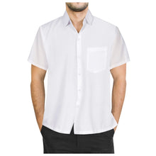 Load image into Gallery viewer, Solid white rayon button down shirts for men. Holiday button down shirts for men for vacations to hot destinations. 
