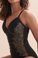 Load image into Gallery viewer, Sexy One Piece Swim Suit in Black with Fun Brown/White Mandala Designs on Sides. Look for at Sunlaced Apparel in the Fraser Valley. Supporting Canadian Businesses. 
