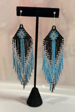 Load image into Gallery viewer, Authentic Native beadwork in local Abbotsford Shop Sunlaced Apparel in Abbotsford BC

First Nations made beaded earrings near me
Blue/Black/Silver Beaded Earrings. Handed Beaded Locally by First Nations Artist. Made Locally in Canada. Supporting Local Canadian Businesses.
