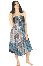 Load image into Gallery viewer, Blue/ Multicoloured Dress that converts into a skirt. From Sunlaced Apparel in Abbotsford B.C.  
