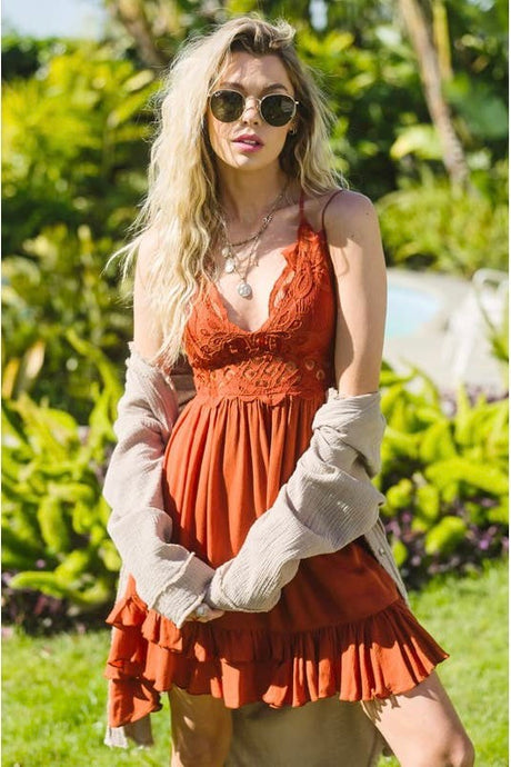 Bohemian Abbostsford.
Rust Orange Crochet Lace Dress With Plunging Neckline. Bralette dresses best fit in Canada. Local BC retailer Sunlaced Apparel