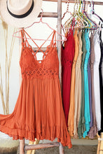 Load image into Gallery viewer, Bohemian decor store in Abbotsford.
Summer Dress in Rust Orange. Crochet Lace With Shirred Back and Adjustable Straps.
Dress shop Abbotsford. Famous little dress shop with great selection and great service. Best service in Abbotsford retail store
