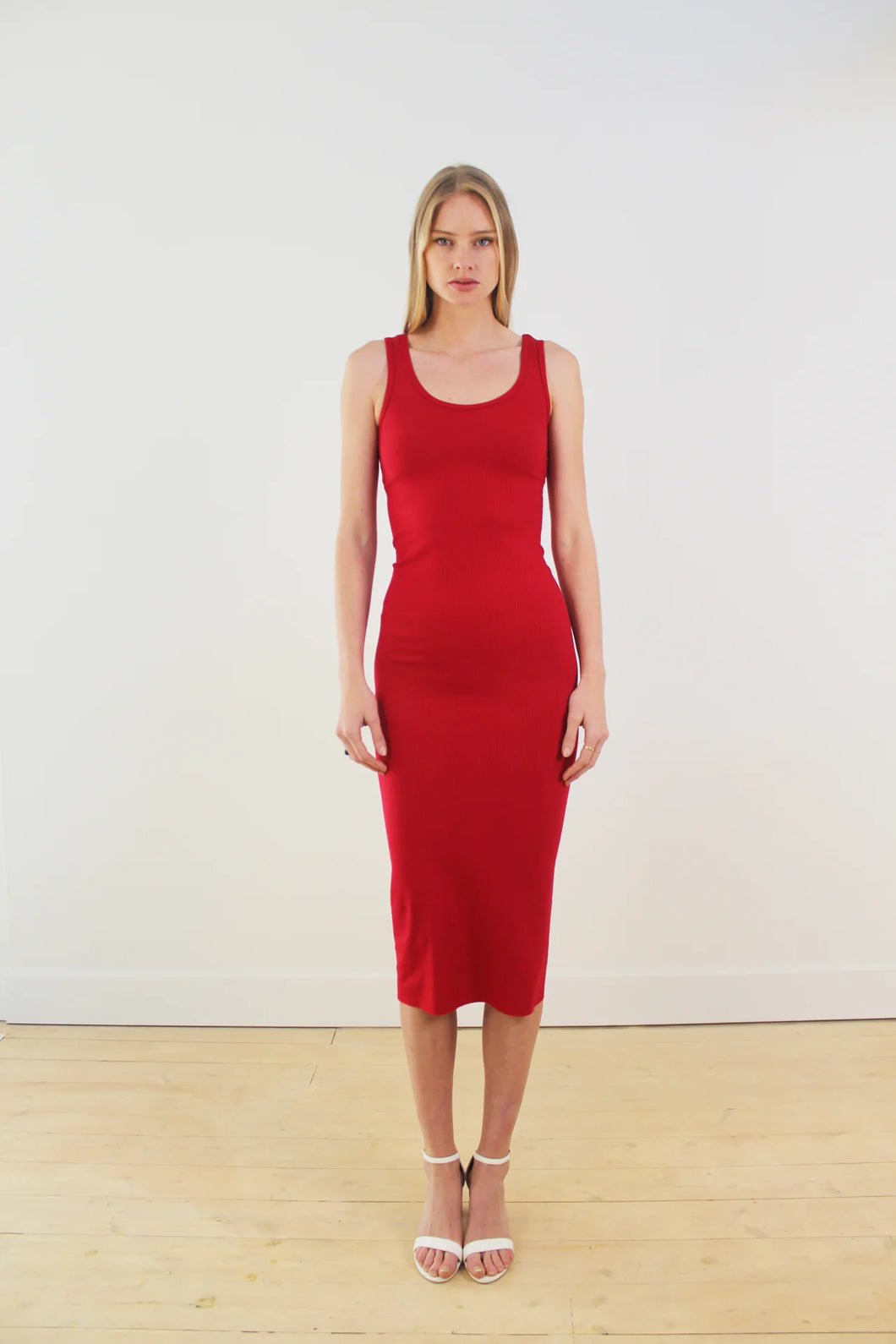 Fitted ribbed dress in red. Valentines Day styles.Sustainable bamboo clothing made in Vancouver BC. Eco friendly fabrics. Eco conscious fashion collection made in Vancouver BC. Most popular for fit and quality bamboo clothing made locally in Vancouver BC 