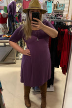 Load image into Gallery viewer, Purple color dress in bamboo fabric. Local BC handmade women&#39;s clothing in bamboo. Bamboo clothing up to 3XL in Fraser Valley BC
Plum mid length dress bamboo.mid length sleeve dresses in bamboo. Local handmade.
Made in Canada dresses.
Abbotsford dresses.
