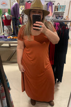 Load image into Gallery viewer, Rust colour maxi dress in Bamboo fabric. Rust maxi with side slips.  Canadian plus fashion.
